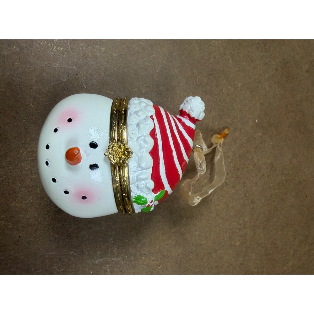 Snowman Head Hinged Trinket Box Christmas Ornament Red White Striped Hat Holly